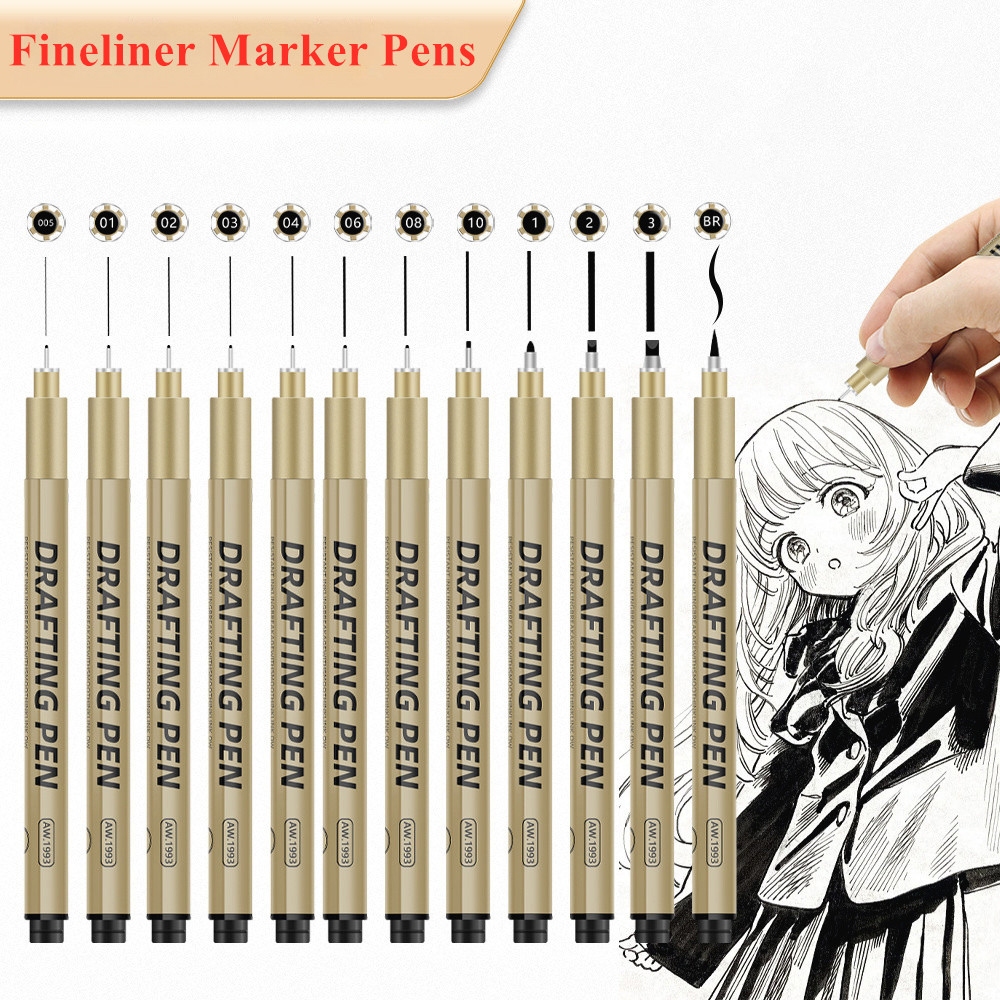 

6/9/12 Spidol Fineliner Manga, Spidol Teknik Spidol Tahan Air untuk Sketsa Pigma Micron, Perlengkapan Seni pens, spidol untuk menggambar anime