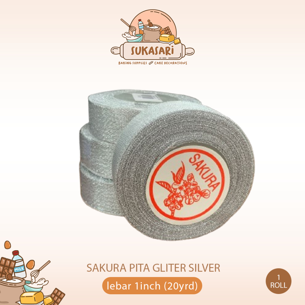 

Sakura Pita Gliter Silver 1 Inch 2,5cm panjang 22 meter Pita Silver harga per roll