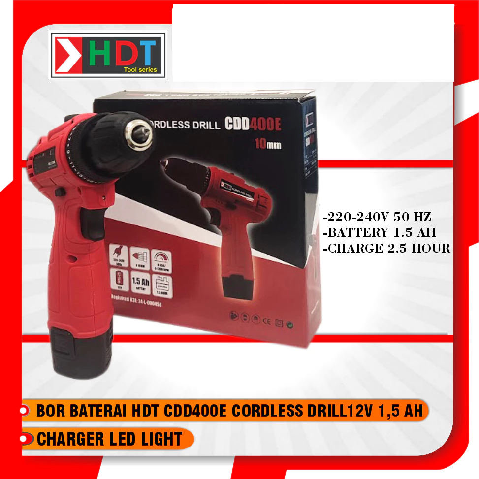 HDT BOR BATERAI 10MM / CORDLESS DRILL 12V HDT CDD400E (1 BATERAI 12VOLT)