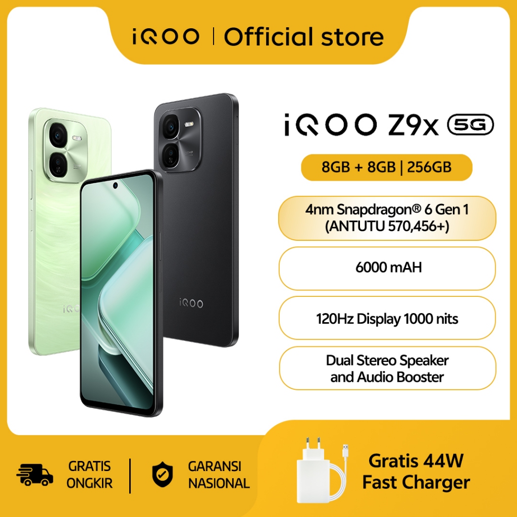 iQOO Z9x (8/256) Snapdragon 6 Gen 1 4nm (ANTUTU 570,456+), 6000 mAH, 1000 nits 120hz eye-care displa