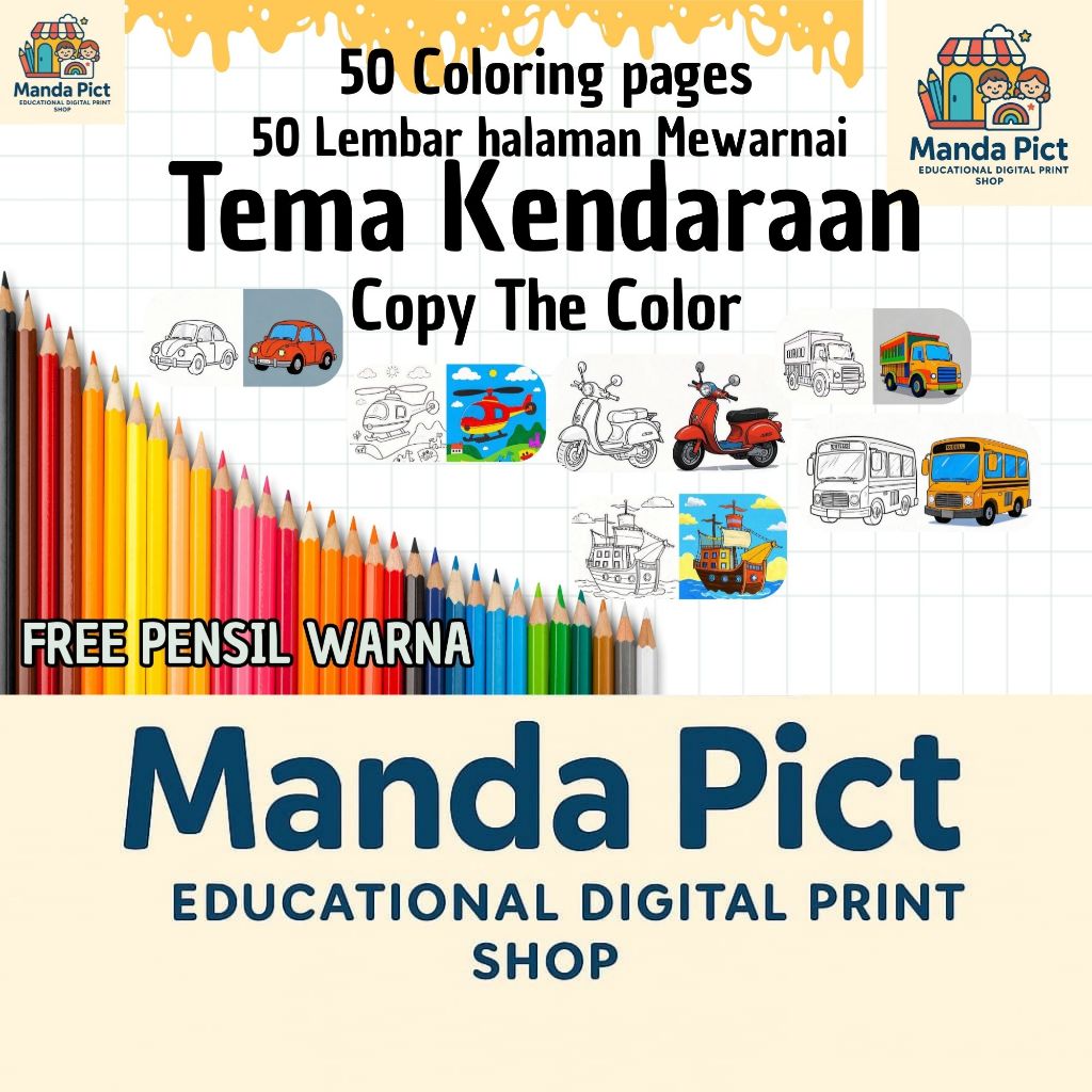 

50 Lembar Gambar Mewarnai Kendaraan TK SD PAUD Edukatif Bukan Buku Kertas HVS Vehicle Theme