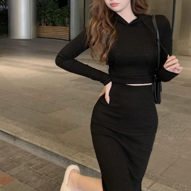 Premium (FreeOngkir) Premium99kOUTLET One Set Hoodie Crooped Polos Lengan Panjang + Rok Bodycon Midi