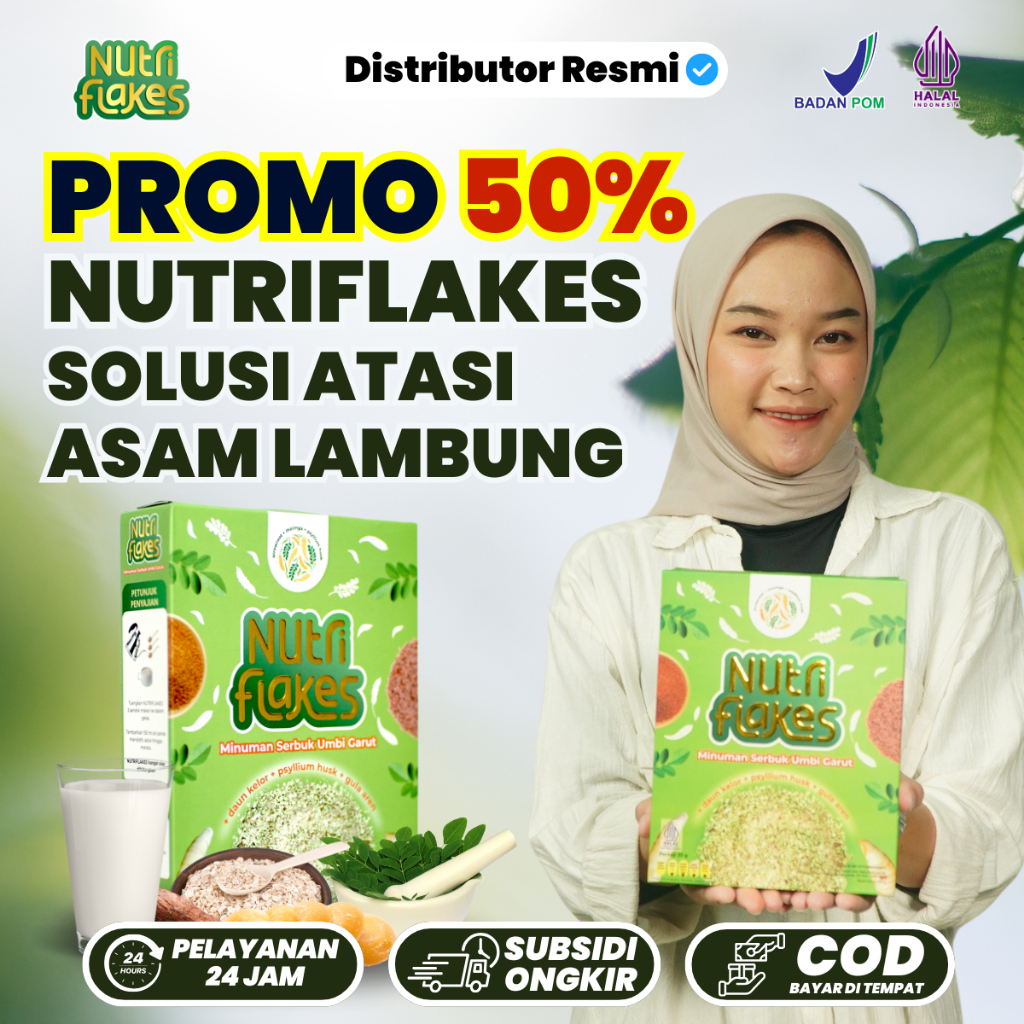 

Promo 50% Nutriflakes Original 280gr Sereal Umbi Garut Solusi Atasi Asam Lambung BPOM Halal COD