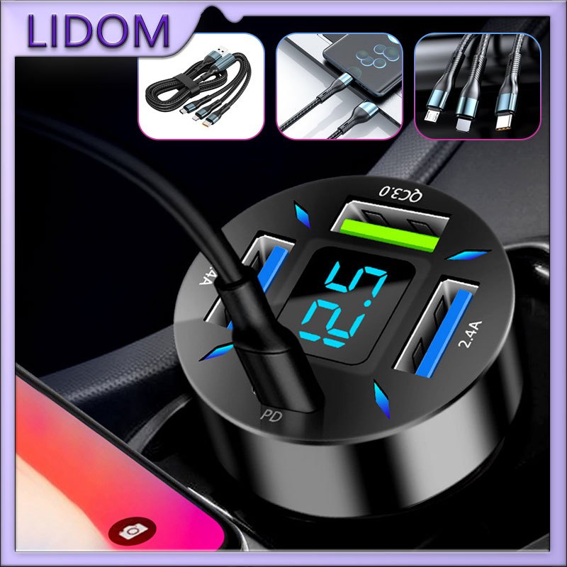 Charger Fast Charging Mobil 4 Ports 3.1A & 120W 3 in 1 Fast Charging Kabel Data Type-c Charger Fast 