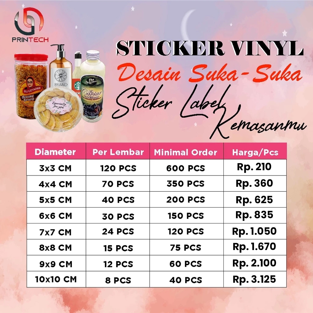 Cetak Stiker Vinyl A3 / Stiker Kemasan Print & Cut Murah 3x3CM