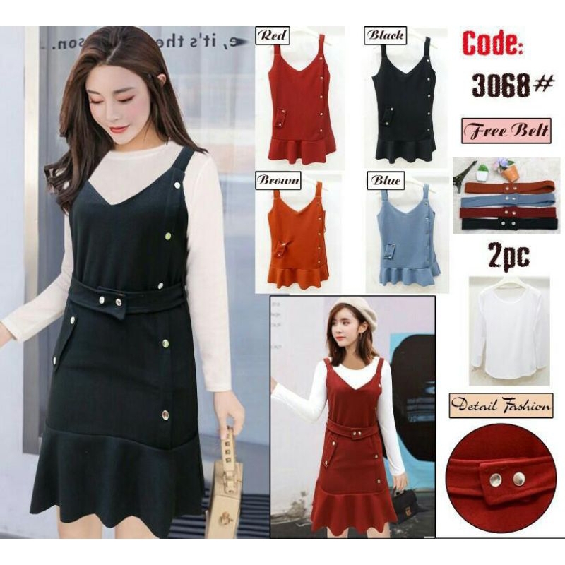 Setelan Overall dan Dalaman 3068 Bahan Luaran Crepe Tebal dan Kaos Melar Fit L - Warna Coklat - Wani
