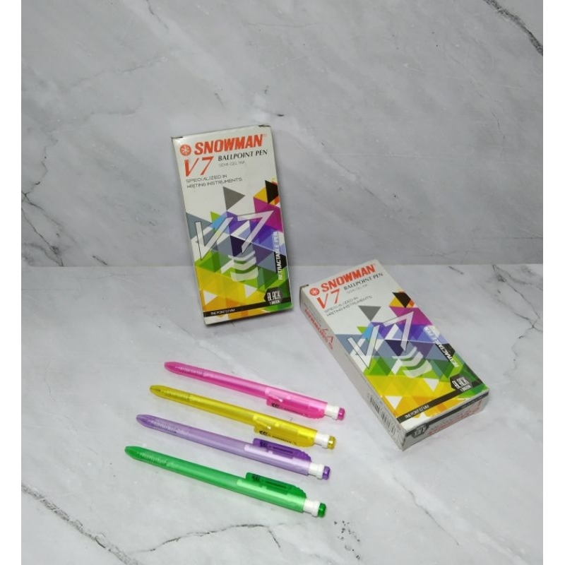 

PENA SNOWMAN V-7 HITAM ISI 12 PCS / BALLPOINT PEN SEMI-GEL INK - SNOWMAN