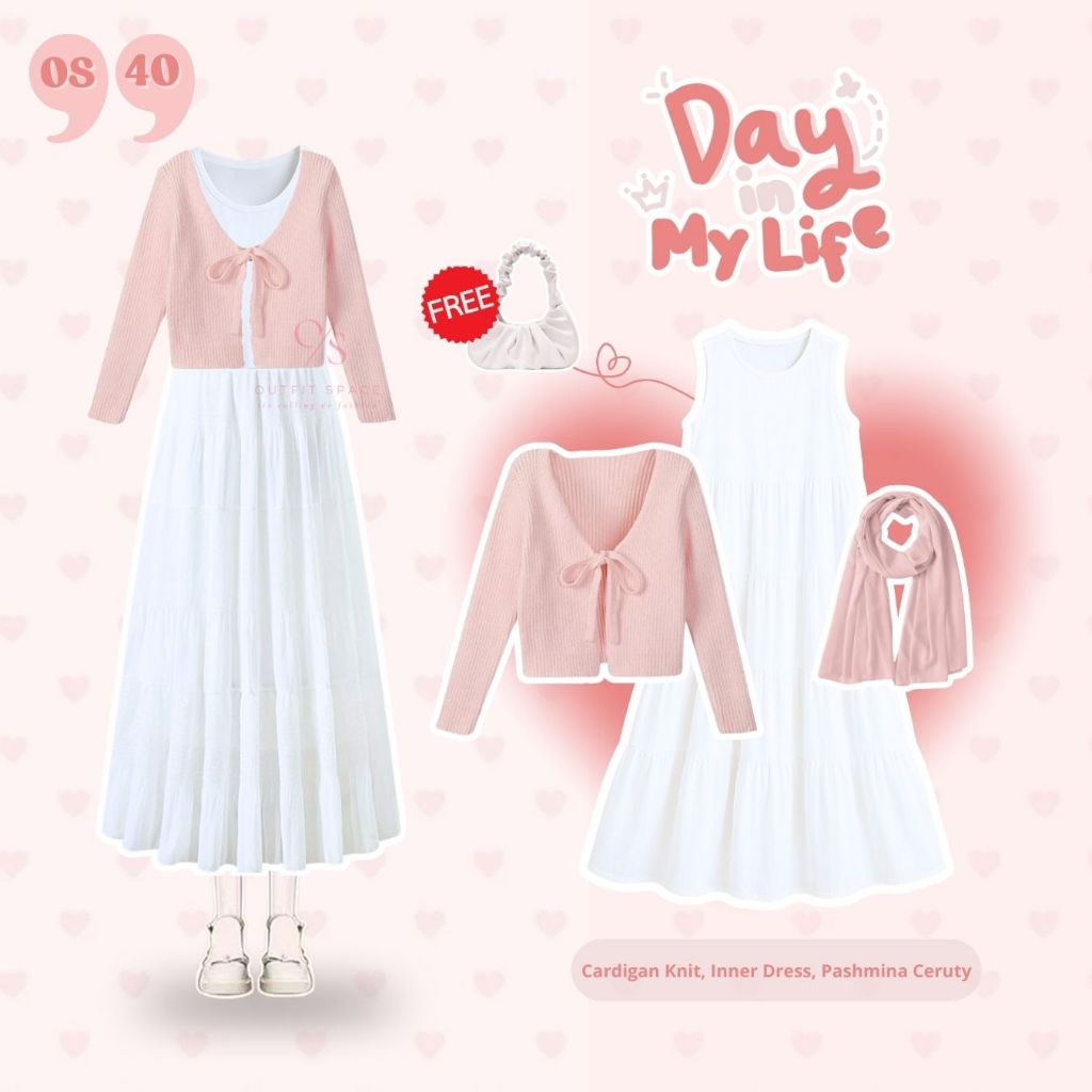 Ootd Hijab Outfit 1 Set - Pashmina Ceruty Pink, Cardigan Crop Pink, Inner Dress Ruffle Putih - Rok M