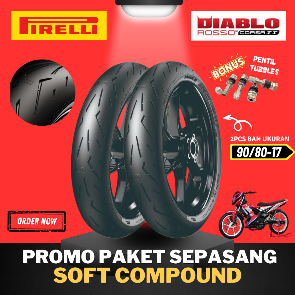 [PAKET COMBO SEPASANG] BAN PIRELLI DIABLO ROSSO CORSA 2 ( 90/80-17 ) SOFT COMPOUND RING 17 / BAN BAL