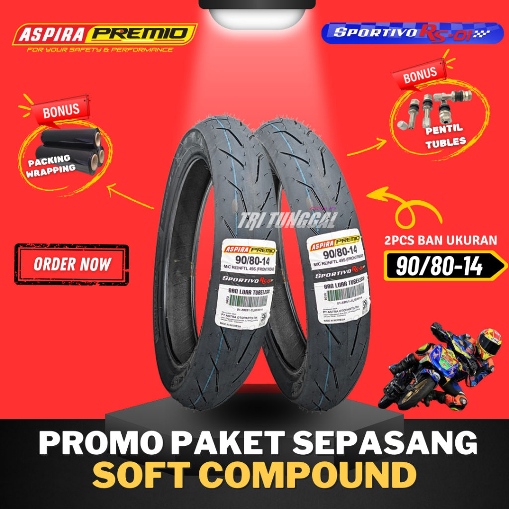 [COMBO SEPASANG] BAN ASPIRA PREMIO SPORTIVO RS01 RING 14  TUBELESS SOFT COMPOUND ( 90/80-14 ) / BAN 