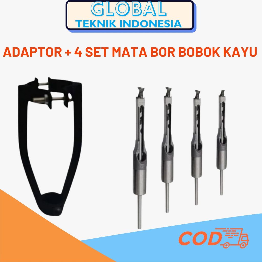Paket Lengkap Adaptor Dudukan Bor  + 4 Set Mata Bor Bobok Kayu/Pahat Kayu lengkap