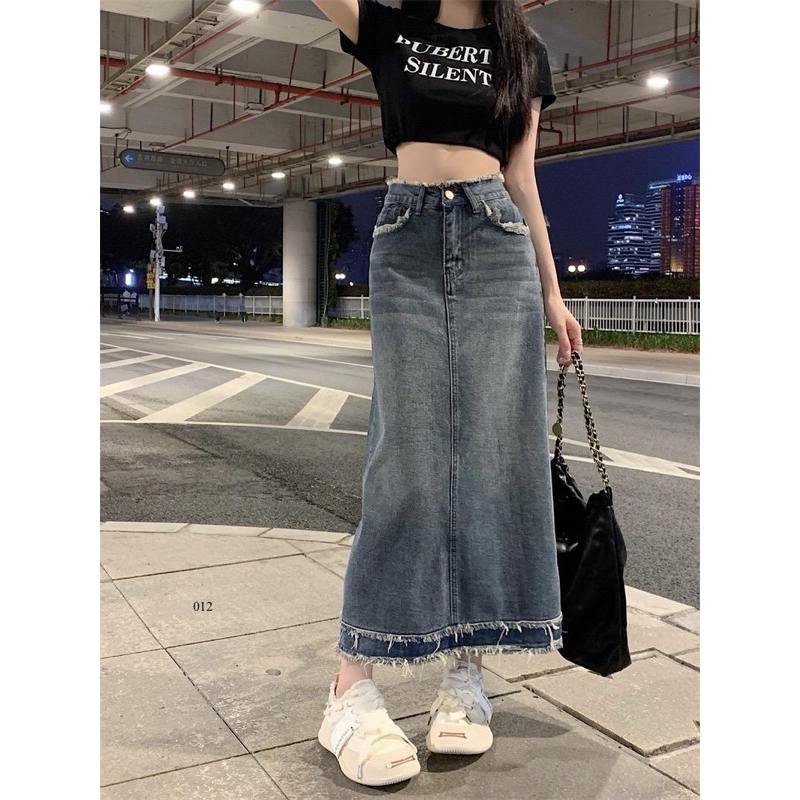 012 Jeans Korea Highwaist A-Line Rok Jeans premium import /Rok Panjang Jeans Wanita Kekinian
