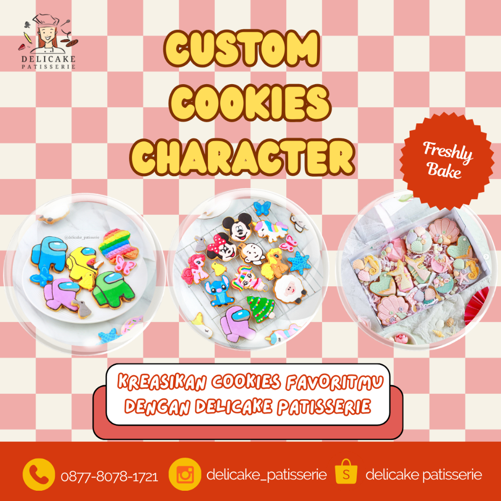 

Delicake Patisserie - Bundling Custom Cookies Character - Kustom Kukis Karakter - Cookies Gambar Kartun Bebas Request untuk Souvenir & Snack Acara Ulang Tahun, Acara Kantor