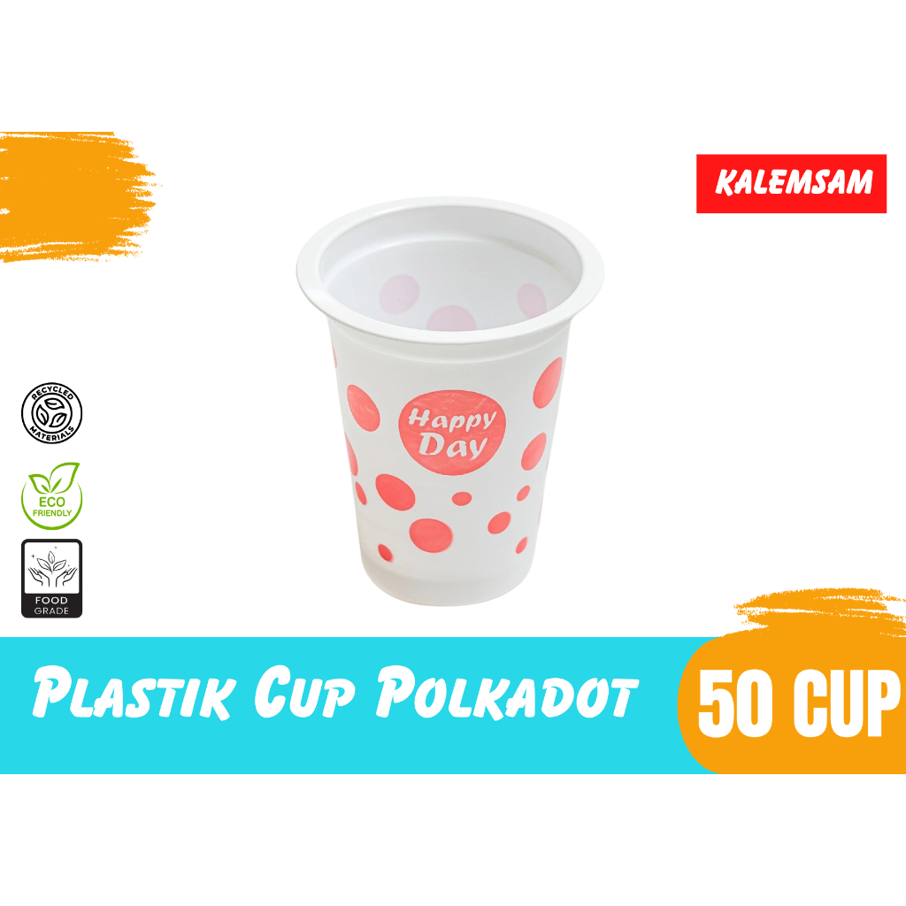 [50 PCS] 1 PACK Gelas Plastik Motif Polkadot isi 50pcs | Gelas Aqua Putih Model Tutup Merah POLKADOT