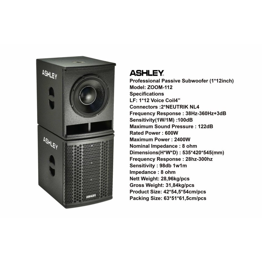 SUBWOOFER PASSIVE SPEAKER ASHLEY ZOOM-112 12 INCH ZOOM112