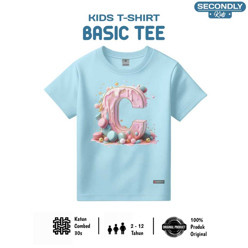 Secondly.Kids Baju Kaos Anak Unisex Bahan Katun Combed 30s Inisial Alphabet C Huruf  Usia 2-12 Tahun
