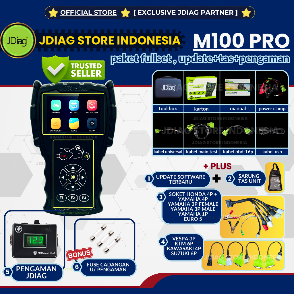 100% ORIGINAL  JDIAG M100 PRO SCANNER MOTOR JDIAG M 100 HITAM SCAN SEPEDA MOTOR HONDA ECU OBD2