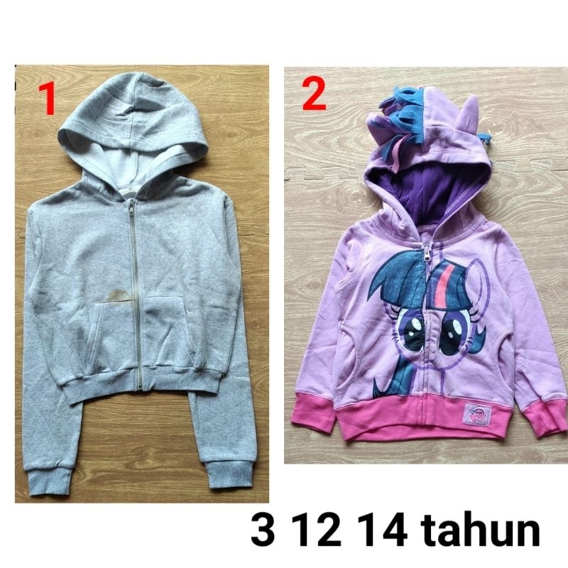 Sale defect jaket hoodie anak perempuan dsn mix 3 12 14 tahun abu ungu unicorn