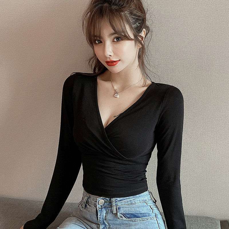 Crop Top Korea V Neck Top Lengan Panjang - Kaos Crop Top Lengan Panjang Korean Style