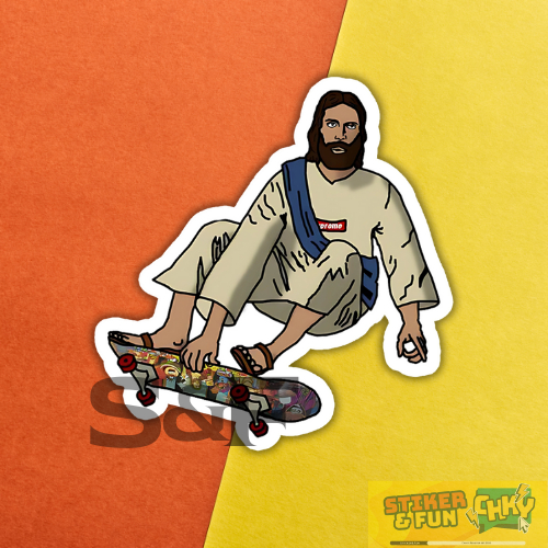 

Stiker Sticker Vinyl laminasi JESUS SKATE SUPRIME ukuran 8x8