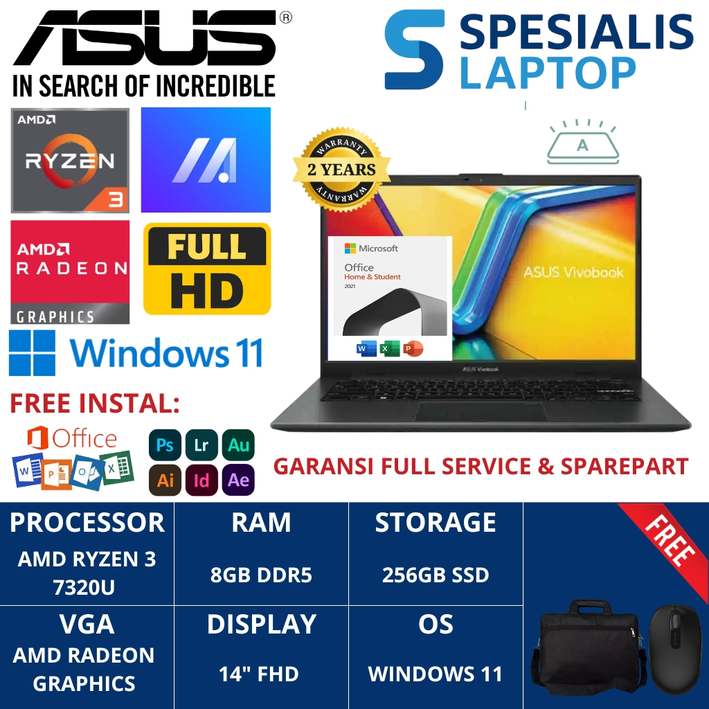 Laptop ASUS Vivobook Go 14 (E1404) - E1404FA-FHD321-FHD323 Ryzen 3 7320U 8GB 256GB SSD W11 + OHS