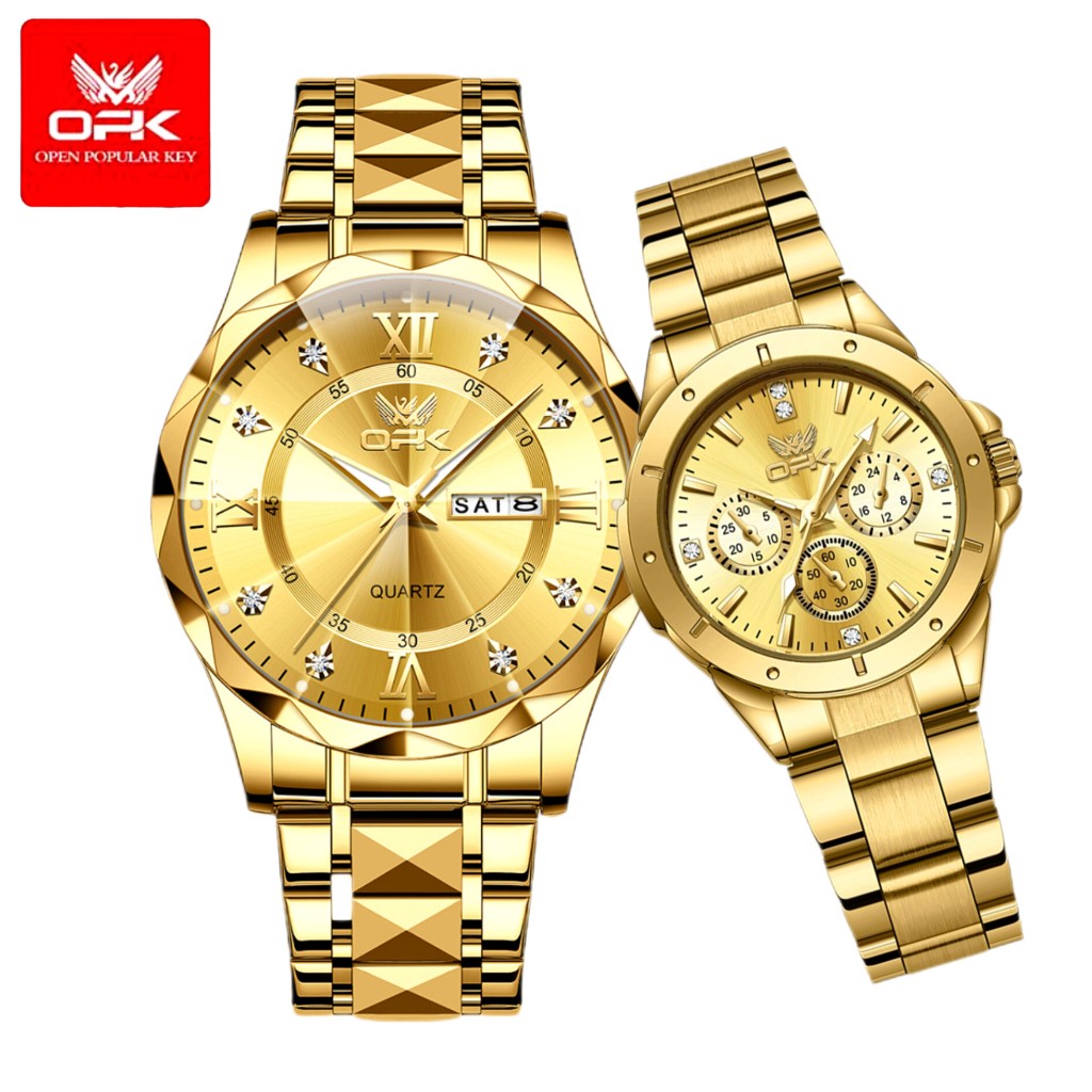 Jam Tangan Couple OPK Tahan Air 100% Original Gold Emas Stainless Steel Luxury Mewah Men Women Watch