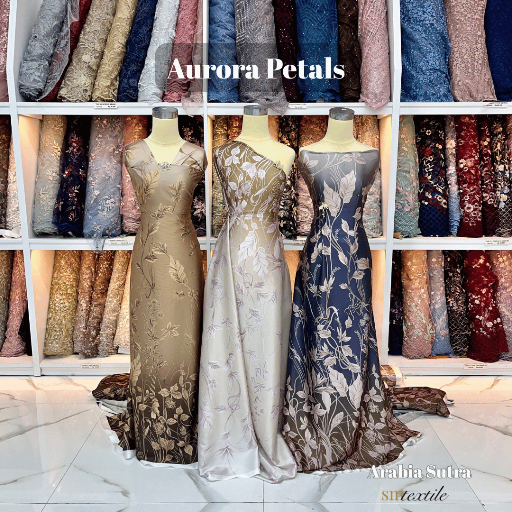 Kain Satin Print Premium Aurora Petals Arabia Sutra JT | Saten Tebal Halus Motif Bunga Gradasi