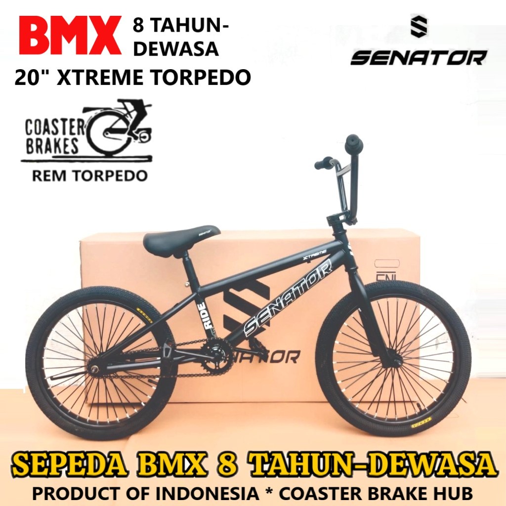 Senator Xtreme Torpedo Sepeda BMX 20 Inci OPC Gear Ratio 28/16 Coaster Brake Hub Anak 8 Tahun Dewasa