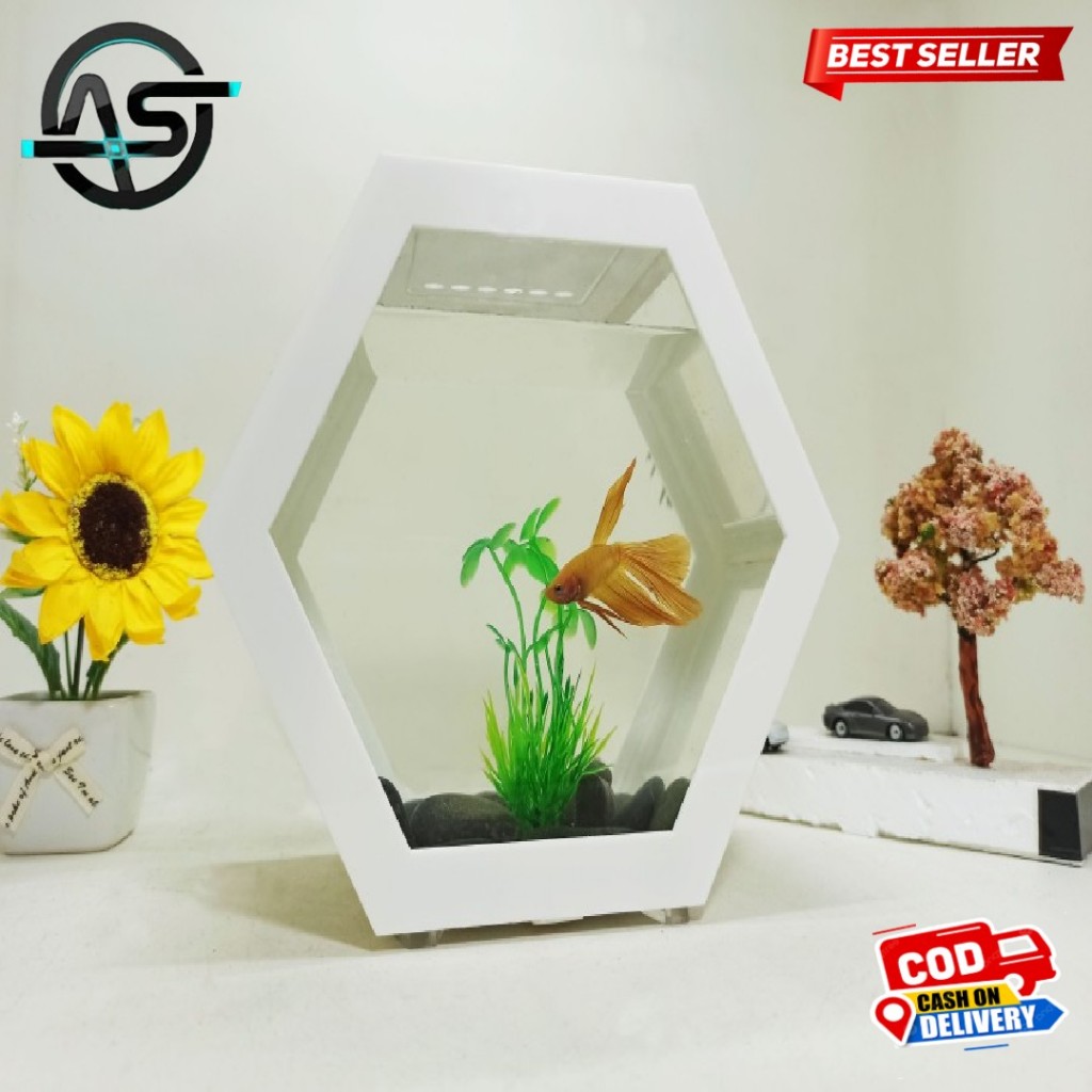 Premium Aquarium mewah expert Mini Bulat Fullset Minimalis Hiasan Meja Kantor Kamar Aesthetic
