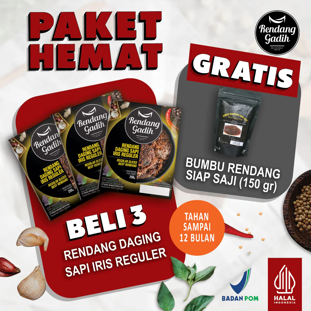 

Rendang Gadih - Paket 3 pcs Rendang Daging Sapi Iris Reguler (Tidak Pedas) 250 g