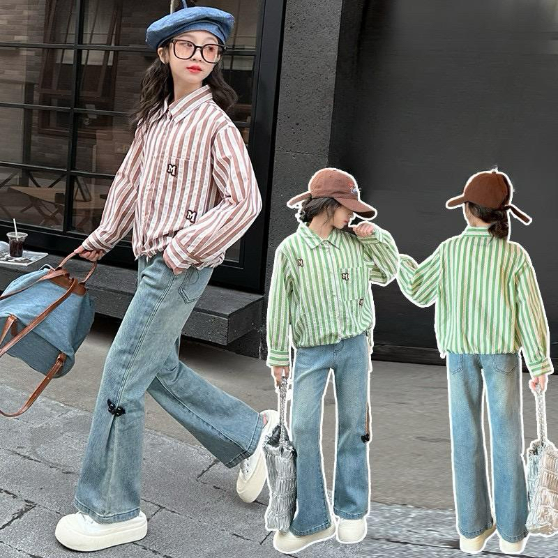 Stelan trandy 2025 atasan kemeja salur MM+celana jeans semi cutbray cantikkkk