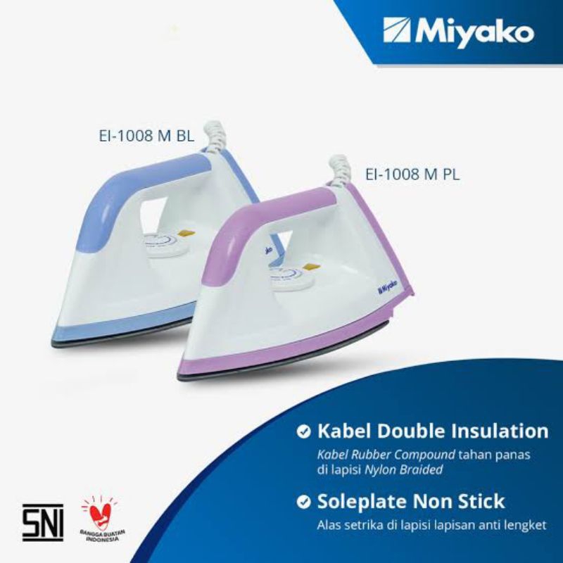 SETRIKA MIYAKO EL-1000 M ANTI LENGKET DRY IRON BIRU PINK PUTIH/SETRIKA LISTRIK MIYAKO/SETRIKA ANTI L