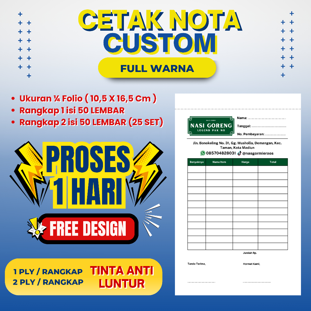 

Nota Custom 1/4 Folio, 1/2 Folio 2ply. Bisa Request Nama Toko, Olshop GRATIS DESIGN