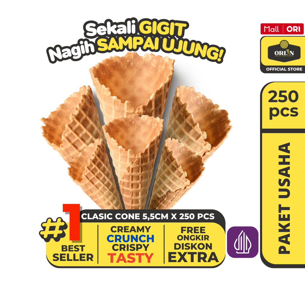 

ORLIN Paket Usaha Cone Es krim Waffle Clasic 5,5cmx13cm isi 250pcs Sekali Gigit, Nagih Sampai Ujung