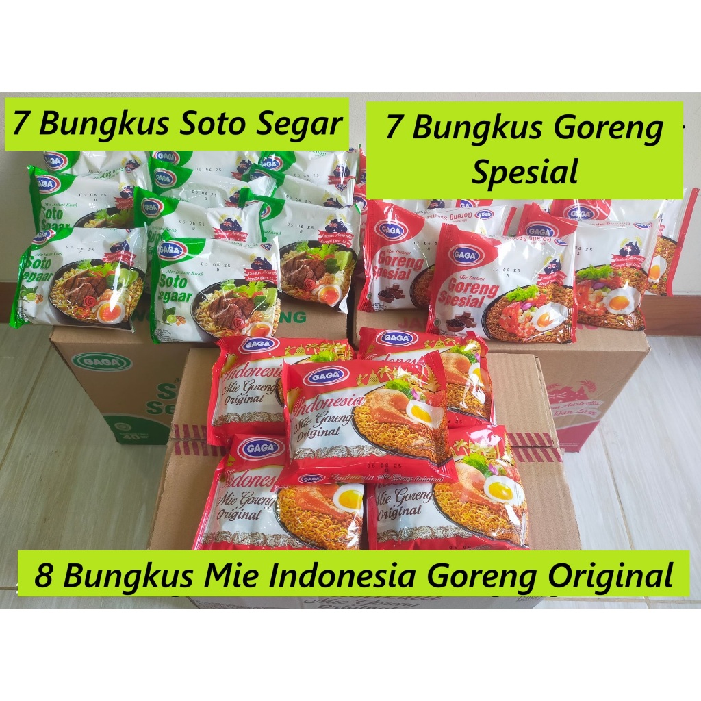 

Paket 711 Hemat : 22 Bungkus : 7 Soto Segar , 7 Goreng Spesial dan 8 Indonesia Mie Goreng Original