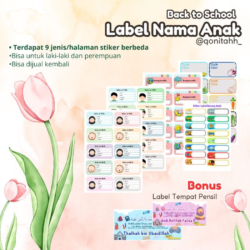 

FILE Sticker Label Nama Anak Sekolah BONUS Label Tempat Pensil | by qonitahh - Editable [Hak Jual Kembali]