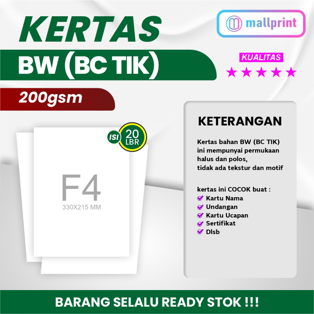 

Kertas BW 200gsm uk. F4 (Folio) (1 pak isi 20 lembar)