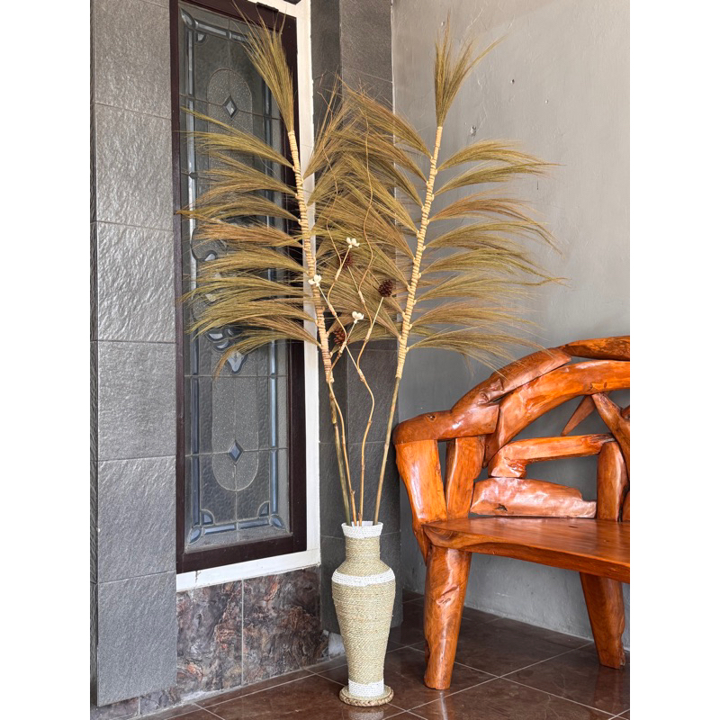 Bunga kering dekorasi rustic bunga rayung stick dan vas 50CM