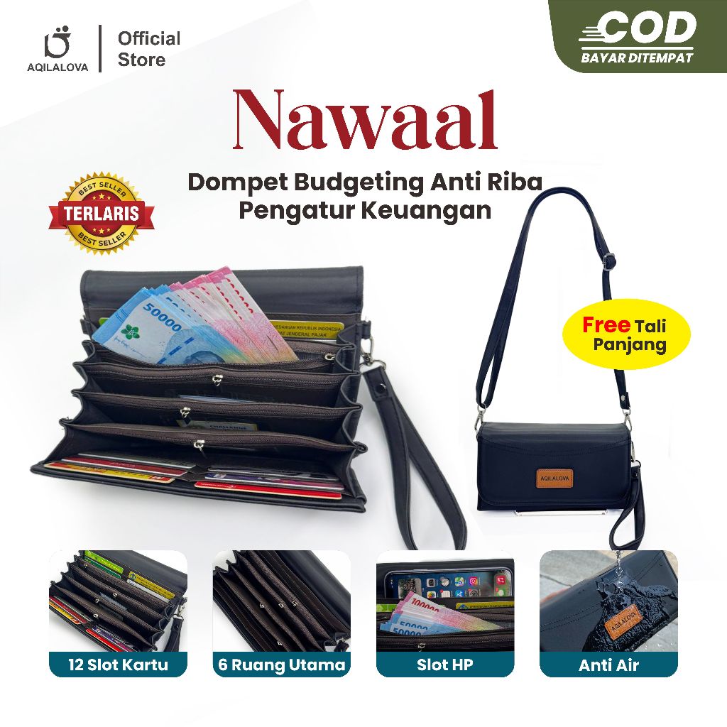 AQILALOVA Nawwal Dompet Wanita Anti Riba Pengatur Keuangan Disiplin Menabung Free Tali Panjang