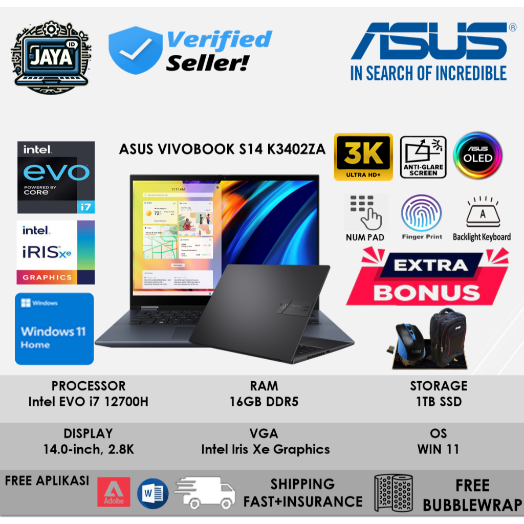Laptop Baru Asus Vivobook S 14 K3402ZA INTEL I7 12700H Ram 16GB 2TB Ssd 2.8K Oled Black