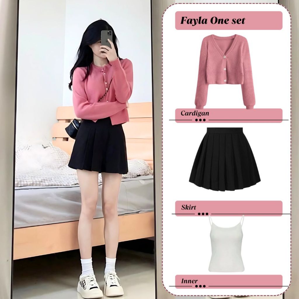 Outfit Korea Style Wanita Kekinian ( Cardigan,tanktop,rok Pendek ) Setelan One Set Fayla Casual Ootd