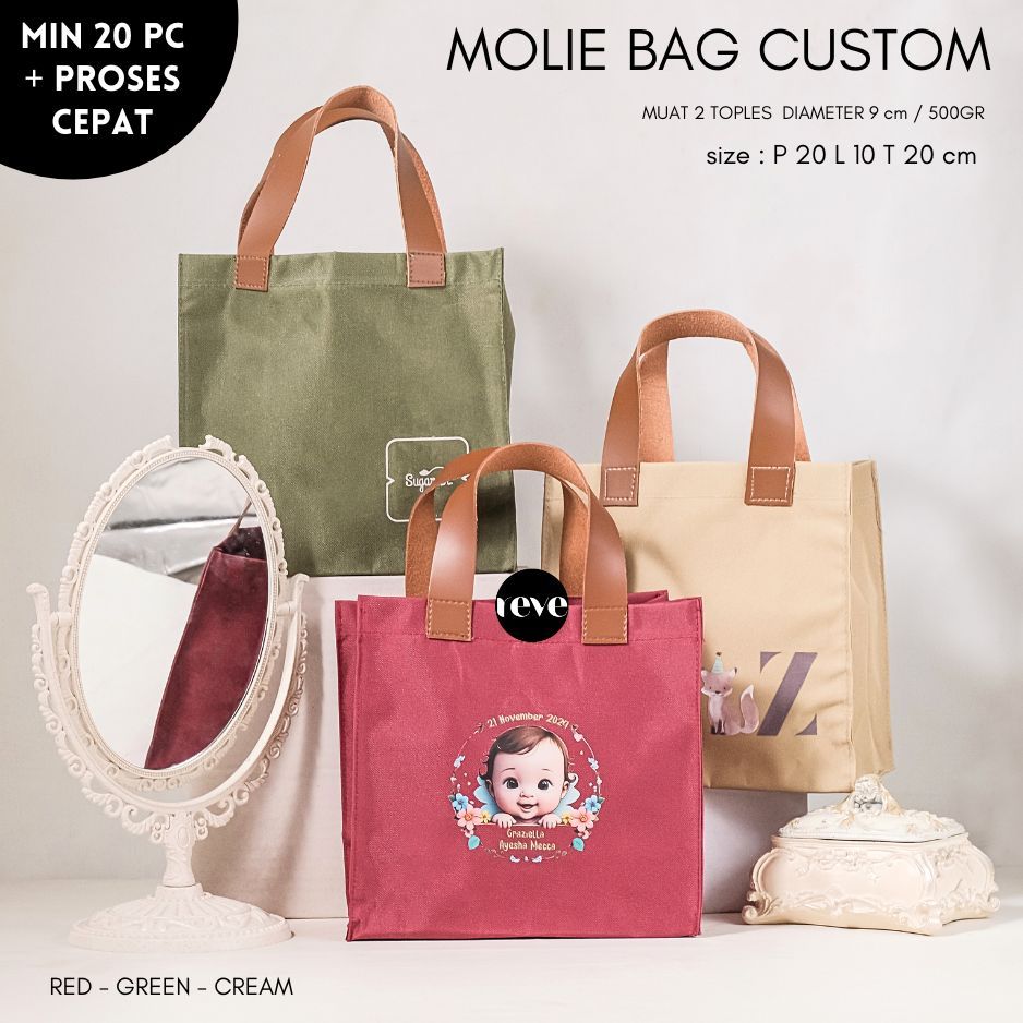 

Molie bag custom sablon goodie bag hampers ulang tahun event bridesmaid wedding nikahan souvenir birthday