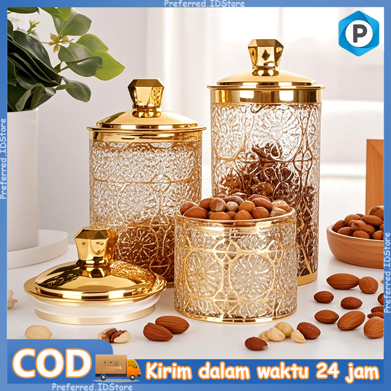 3pcs Toples Set Toples Jumbo Toples Kedap Udara Toples Lebaran Aesthetic Set Mewah Toples Kue Kering