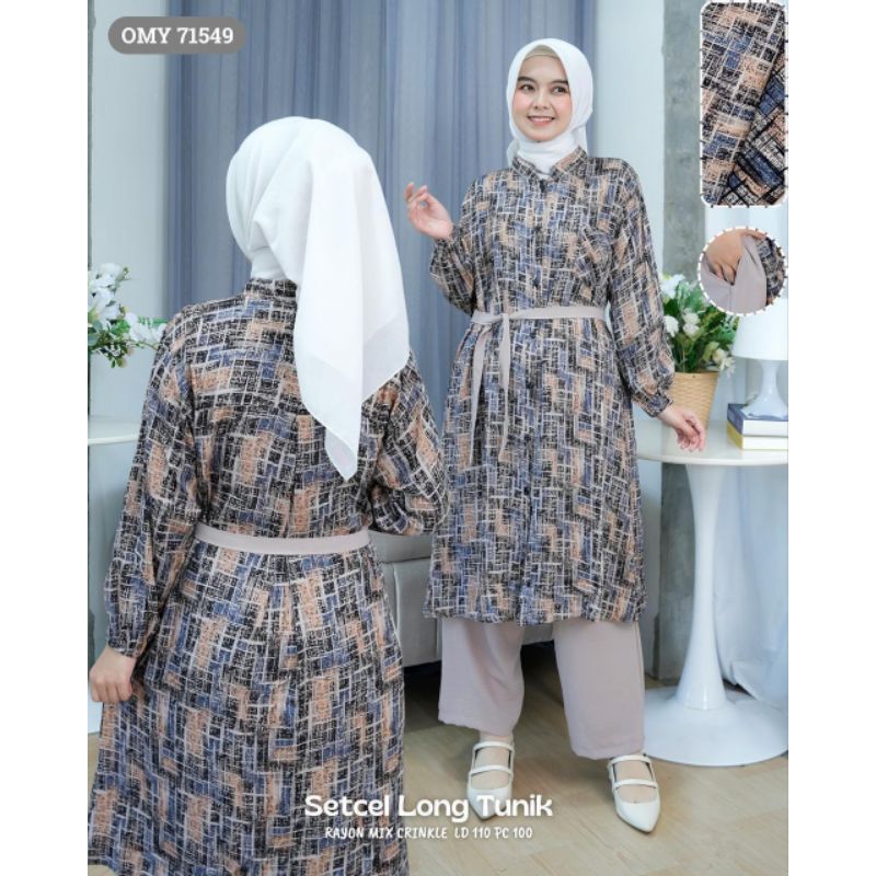 baju omy 71549 ( isi 2 ) setelan celana long tunik rayon mix crinkle motif premium one set muslimah 