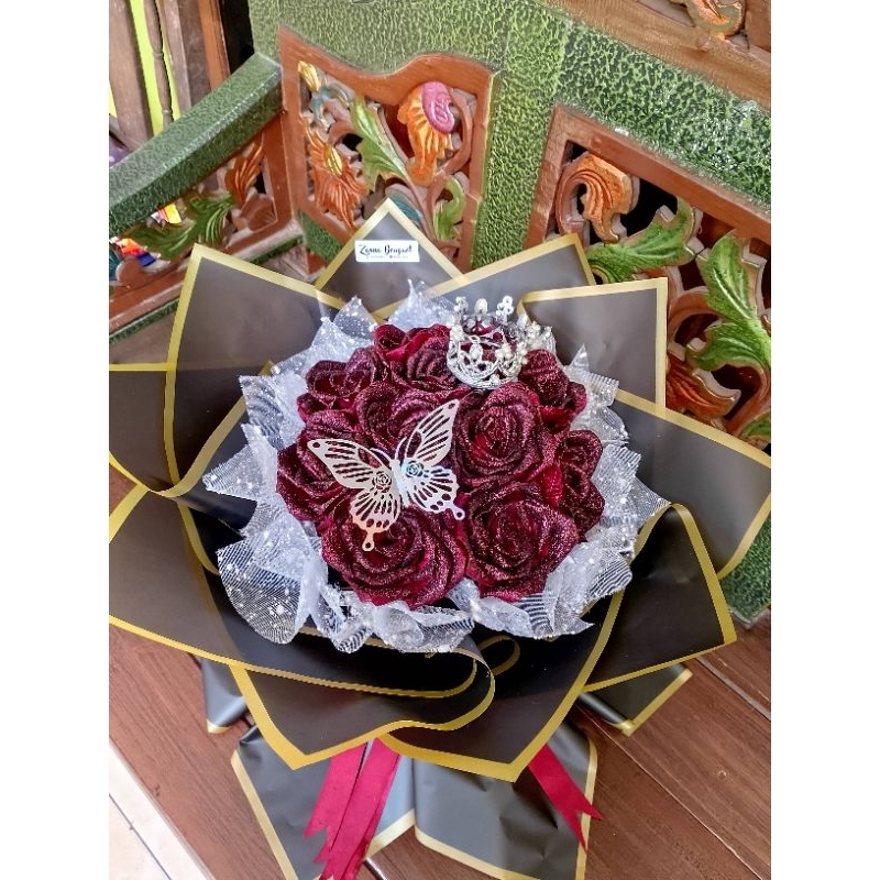 

buket bunga pita satin, maroon