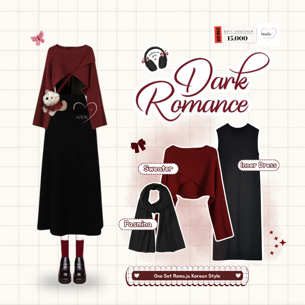 One Set Rok Korean Style | Pasmina Ceruty Hitam, Sweater Rajut Silang, Inner Dress Jersey Hitam | Se