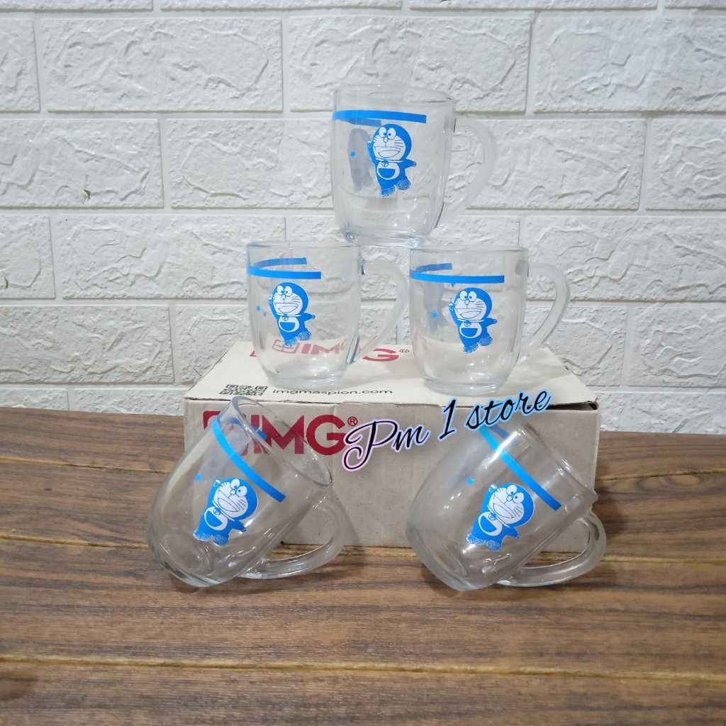 6PCS Gelas Kopi Beling Motif DORAEMON/Gelas Kopi Kaca Gagang Karakter