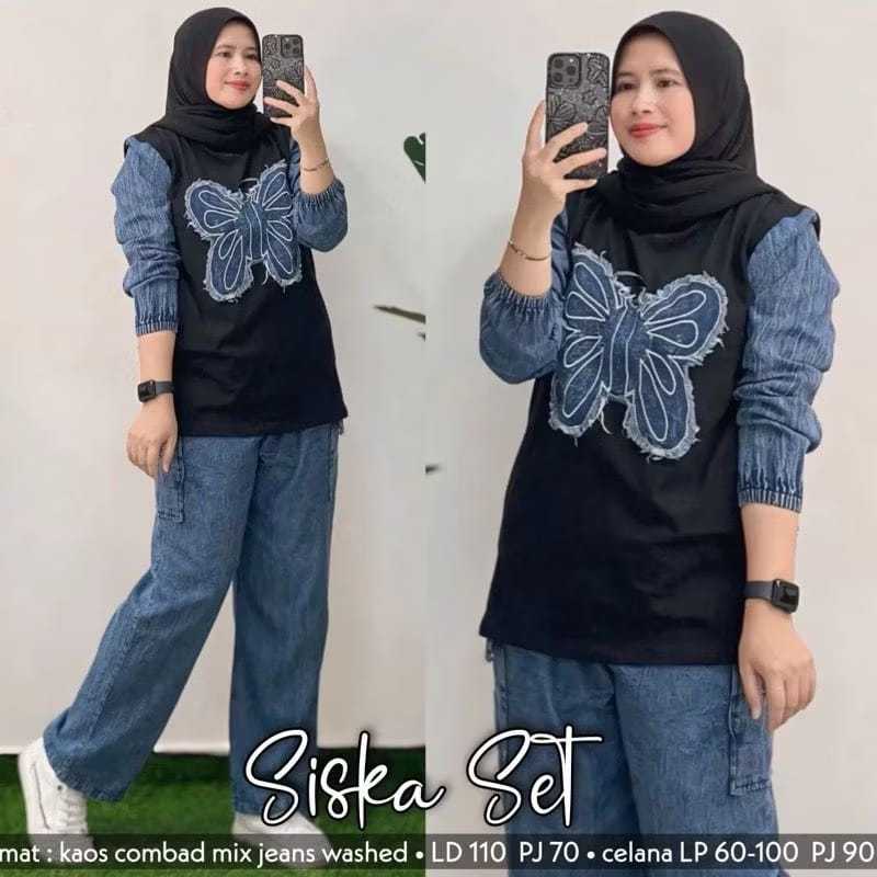 siska set, setelan celana combet mix jeans , setelan kekinian terbaru, ootd wanita kekinian