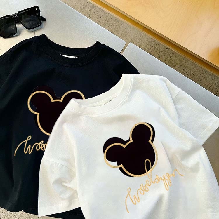 korea style Hitam cocobaby t shirt cotton Kaos Atasan Anak laki-laki Perempuan |Motif beruang kontra