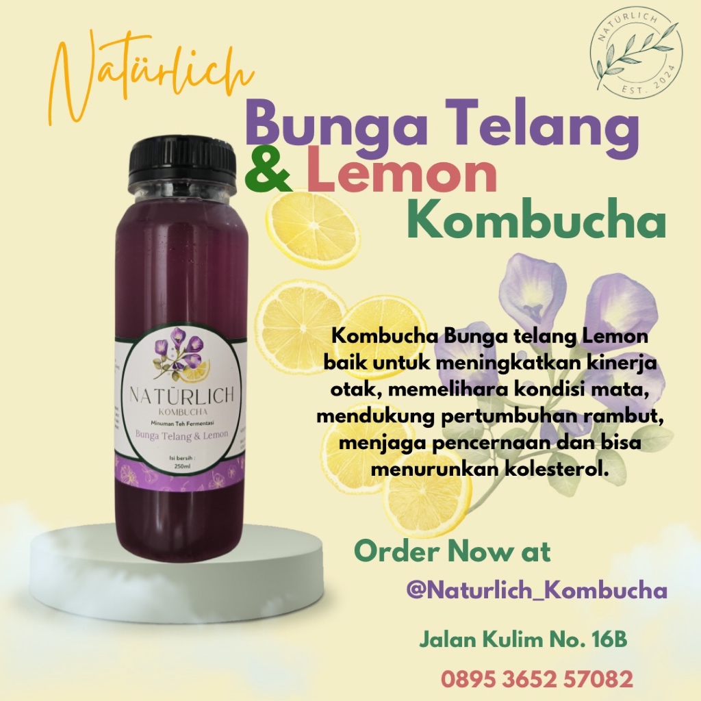 

Naturlich Kombucha Bunga Telang Lemon 250 ml Sumber Probiotik, Detox